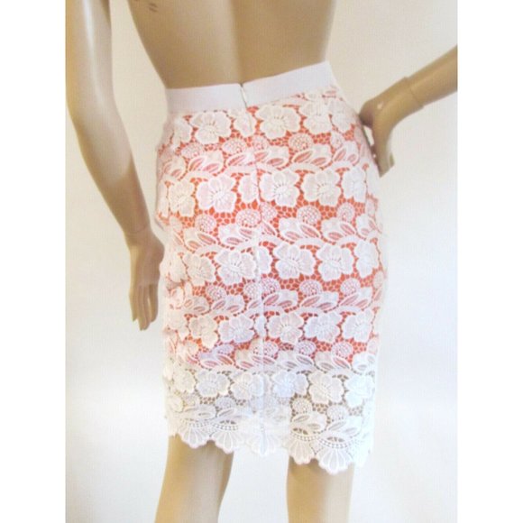 Rebecca Minkoff White Lace 2 Tone Orange Underlay Knee length Designer Skirt 8.R - Picture 3 of 13